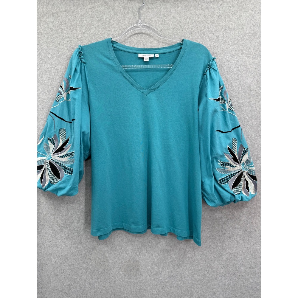 Chico's Embroidered Balloon Sleeve Top Womens Size 2 L Teal V-Neck Cotton Modal